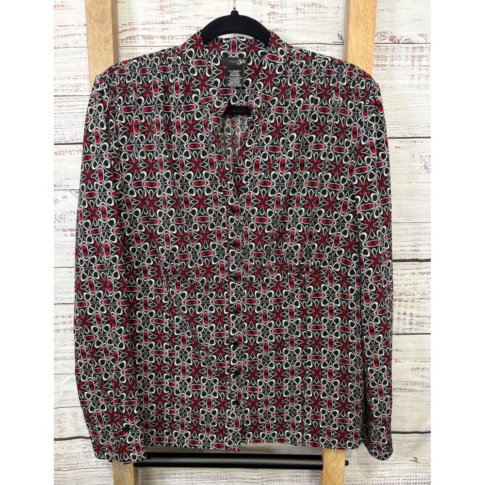 East 5th Womens XL Red Black White Geometric Floral Button Down Blouse - Picture 1 of 11